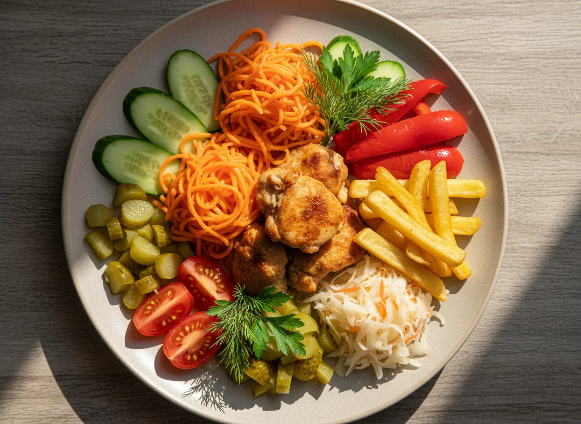 Курица с овощами и маринованными огурцами photo