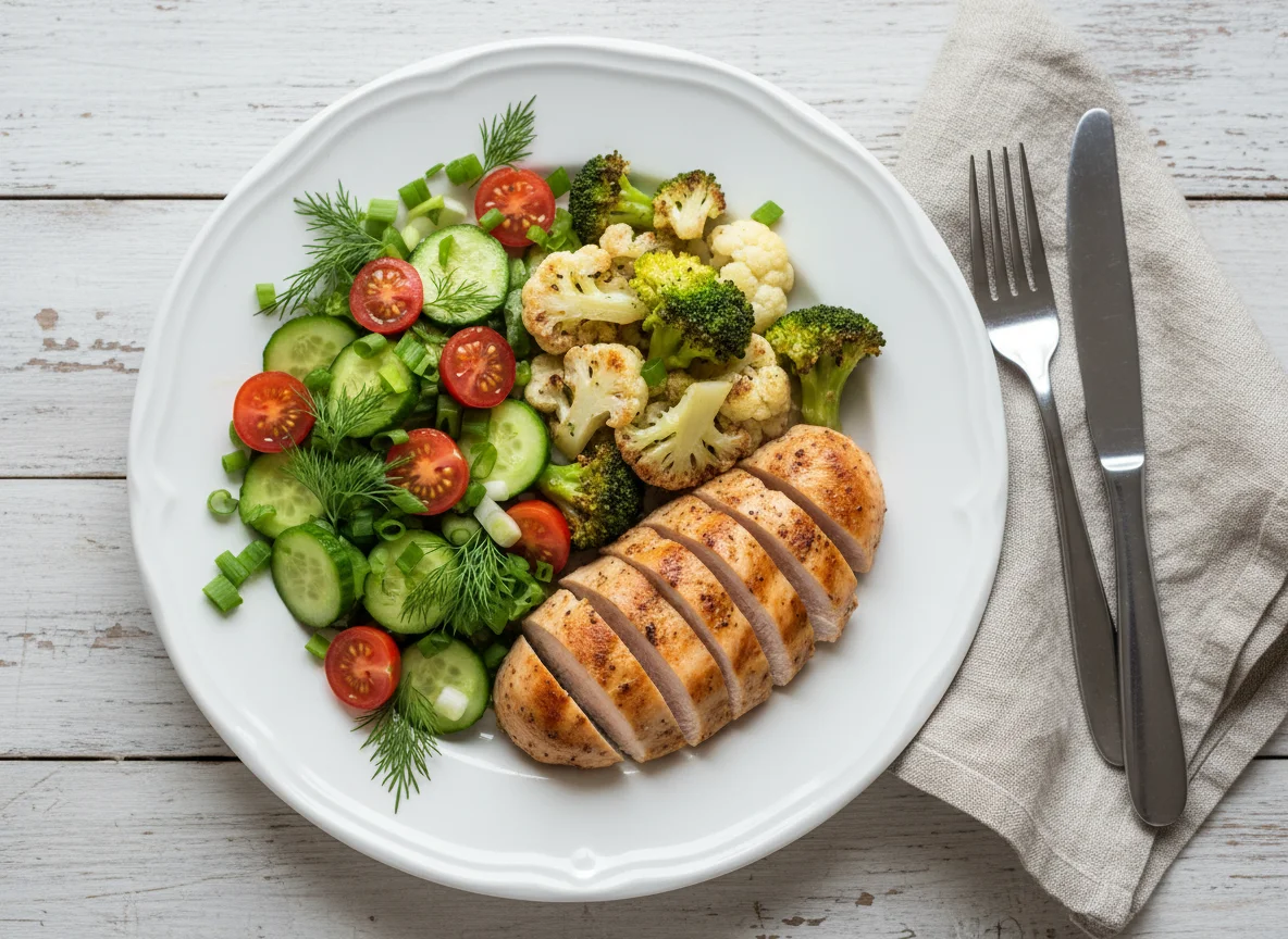 Курица с овощами и салатом photo