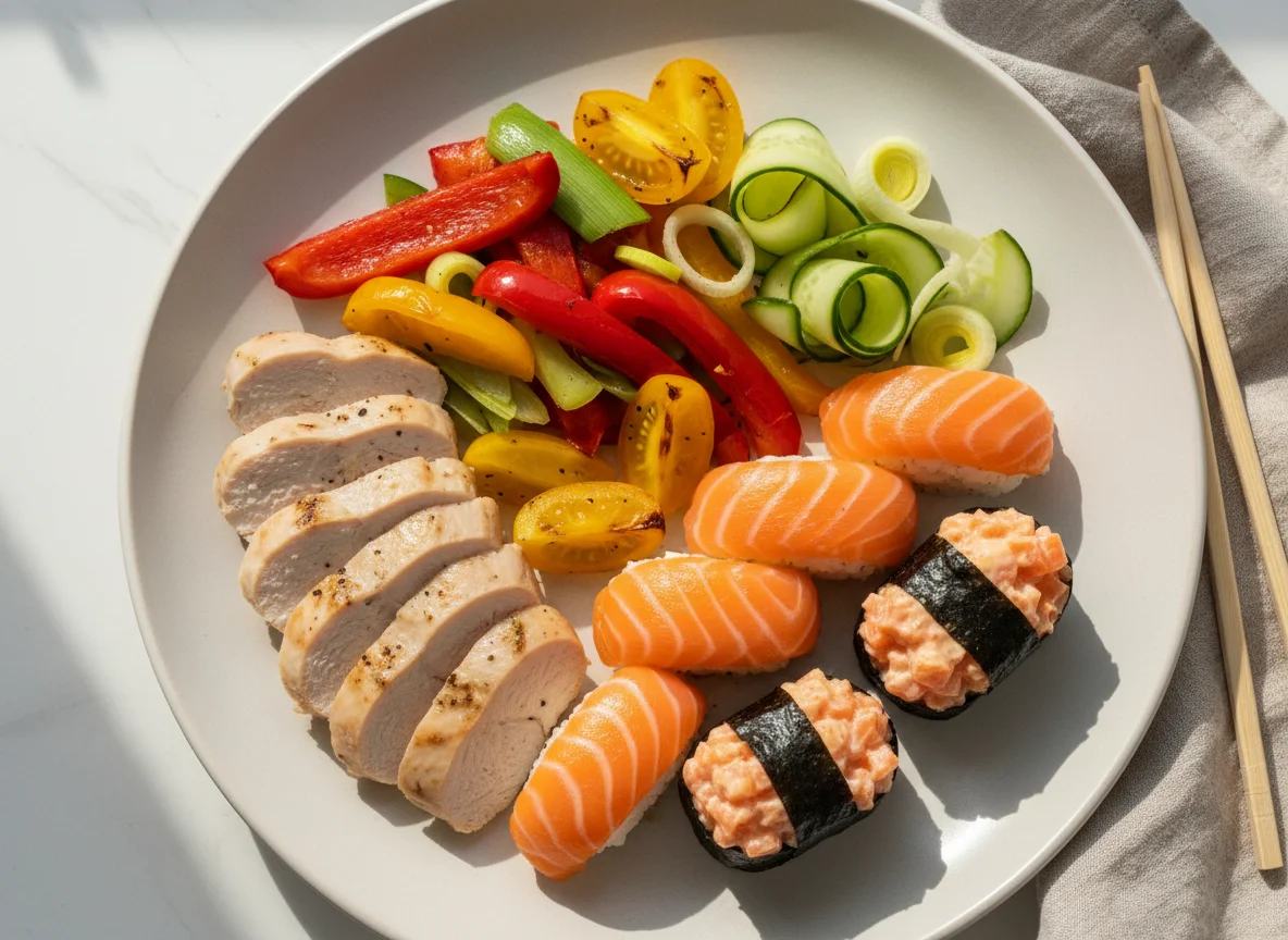 Курица с овощами и суши photo