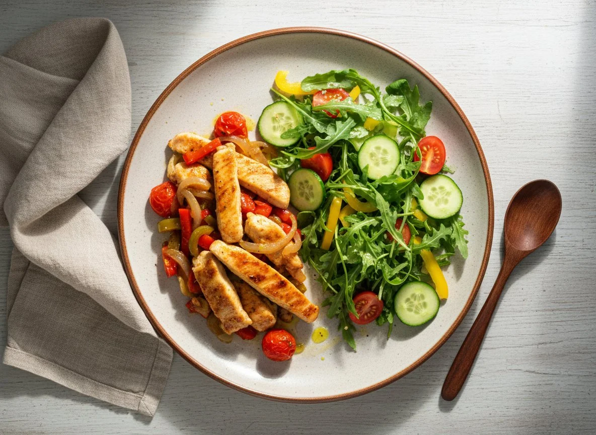 Курица с овощами и свежий салат photo