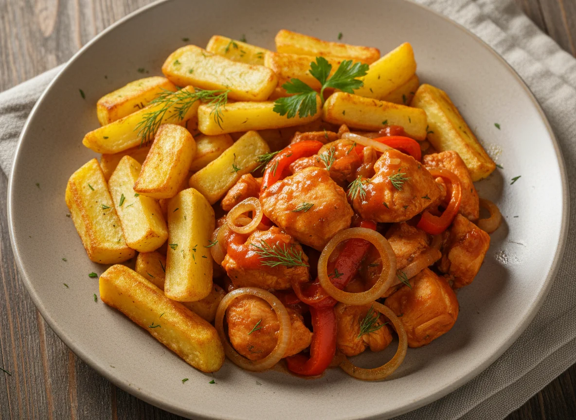 Курица с овощами и жареным картофелем photo