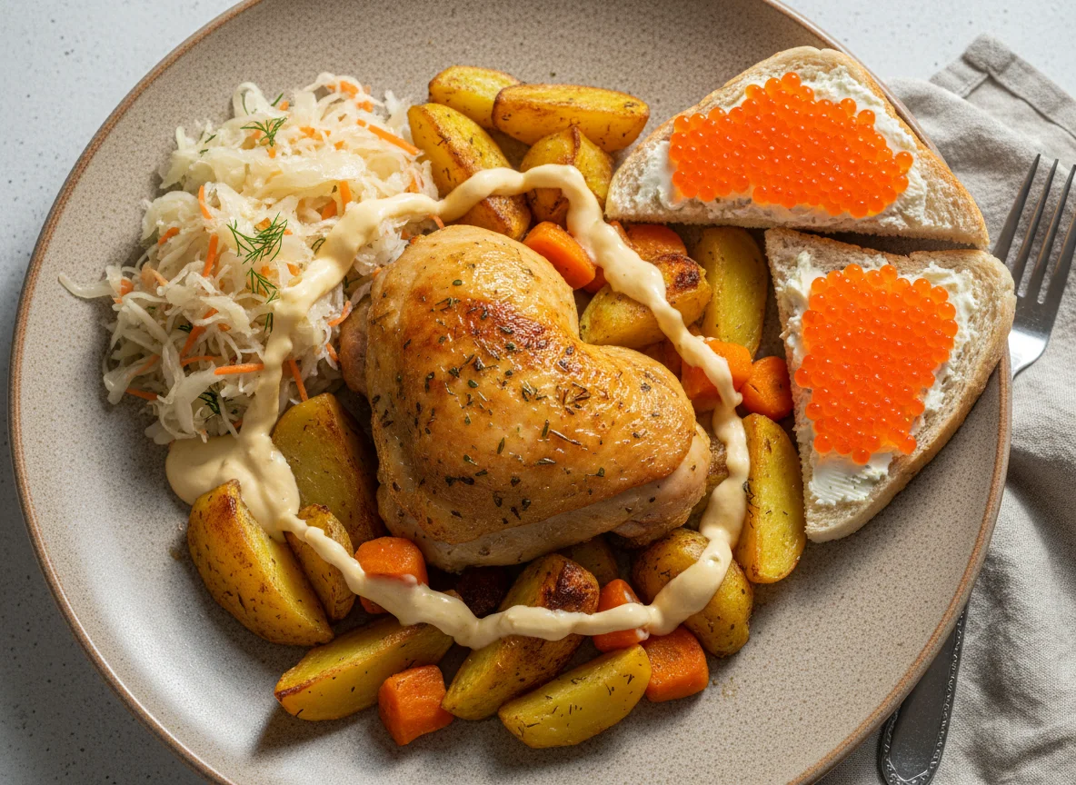 Курица с овощами, квашеной капустой и бутербродами с икрой photo