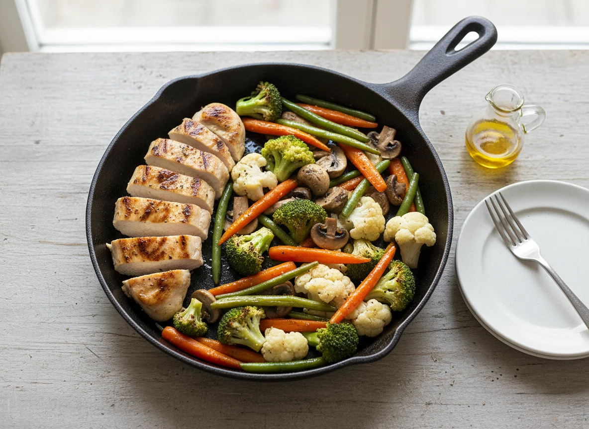 Курица с овощами на сковороде photo