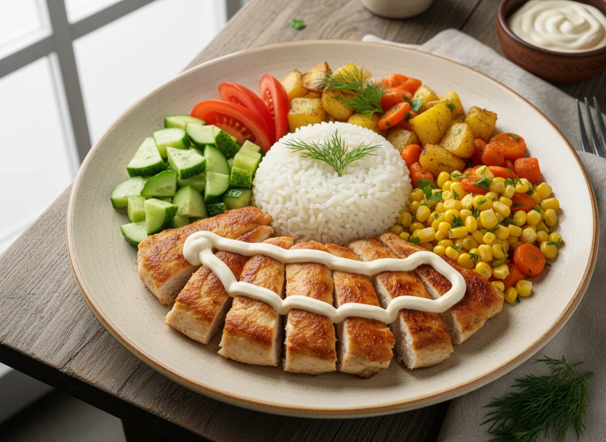 Курица с овощами, рисом и свежими овощами photo