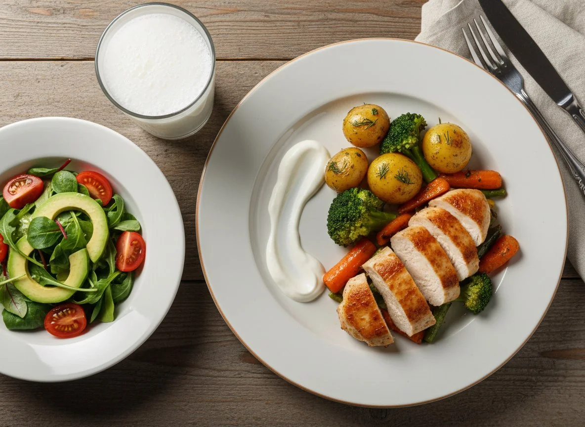 Курица с овощами, салат и напиток photo