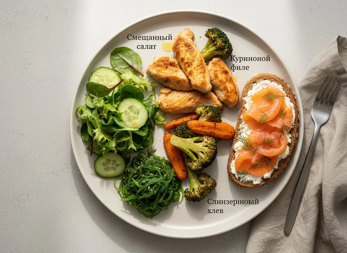 Курица с овощами, салат, морская капуста и тост с лососем photo