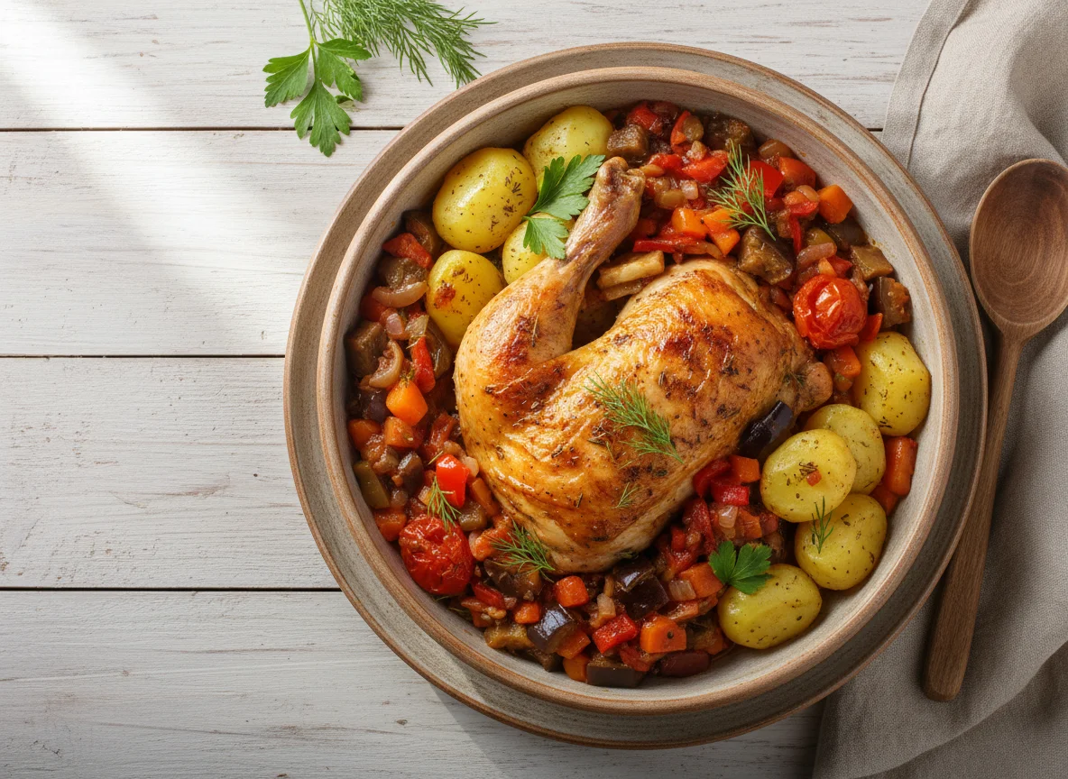 Курица с овощным рагу и картофелем photo