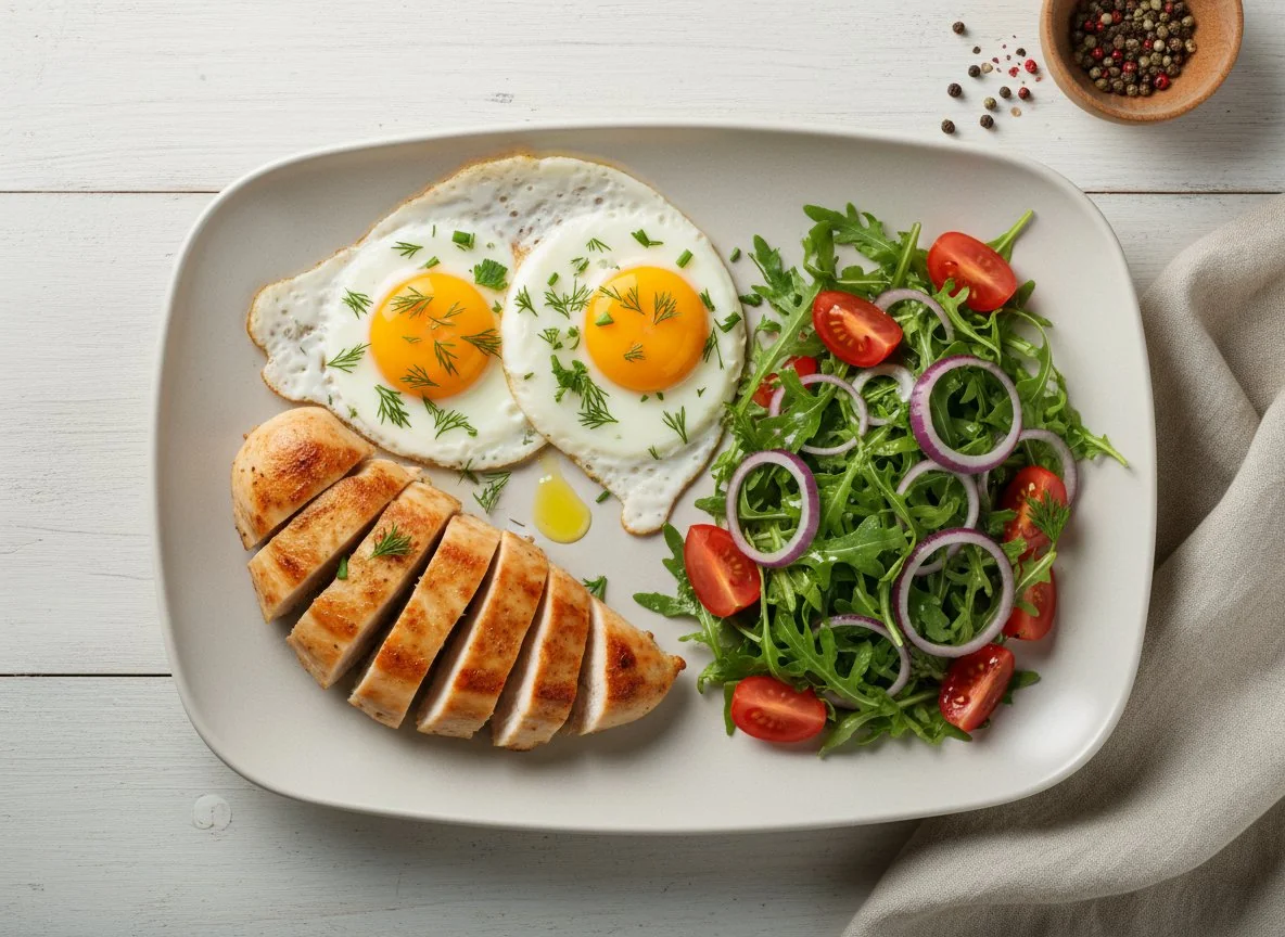 Курица с овощным салатом и яичницей photo