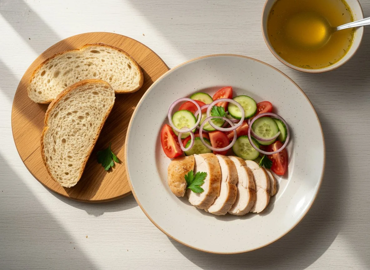 Курица с овощным салатом и хлебом photo