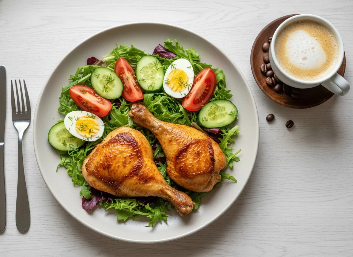 Курица с овощным салатом и кофе photo