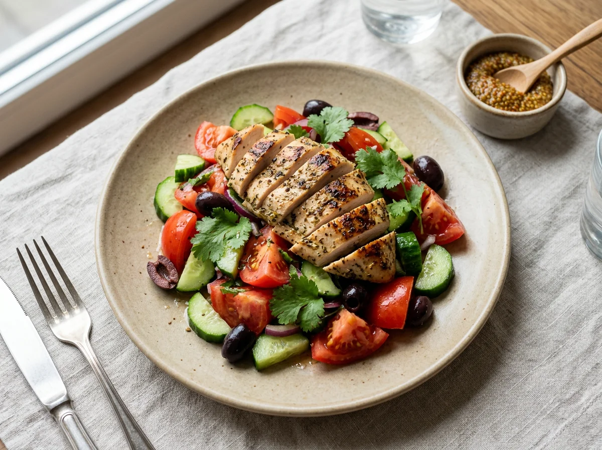 Курица с овощным салатом и оливками photo