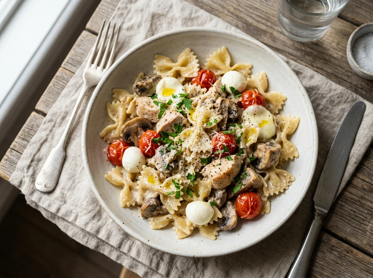 Курица с пастой, грибами, томатами и моцареллой photo