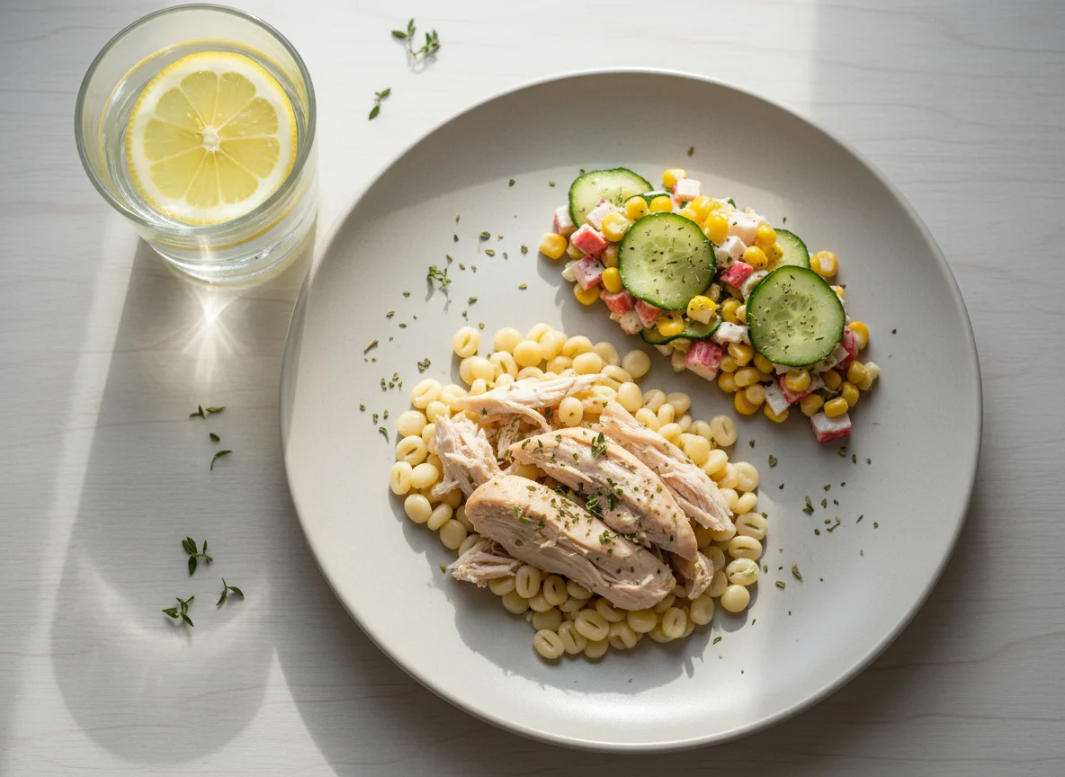 Курица с пастой и крабовым салатом photo