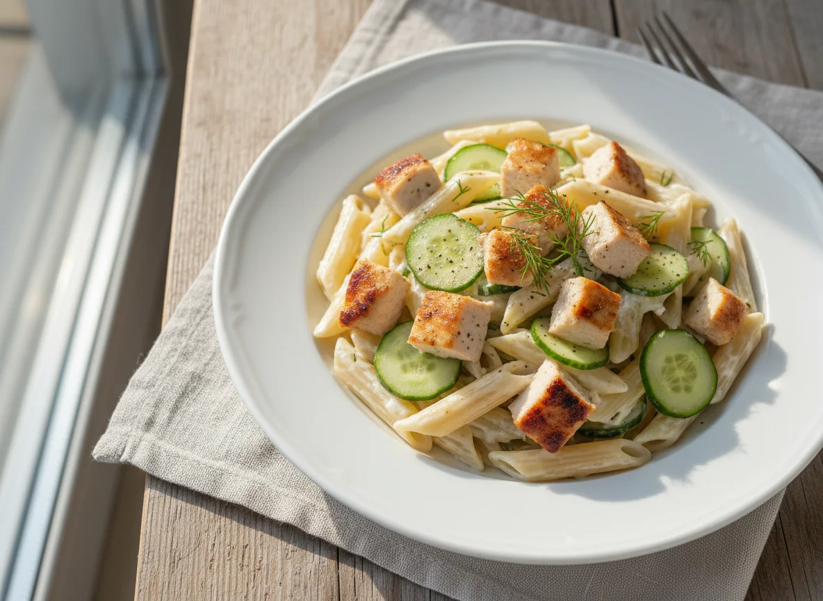 Курица с пастой и огурцами photo