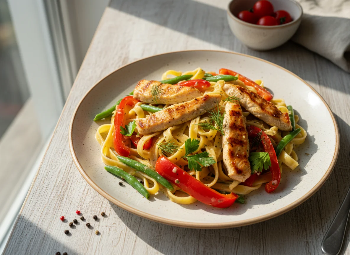 Курица с пастой и овощами photo