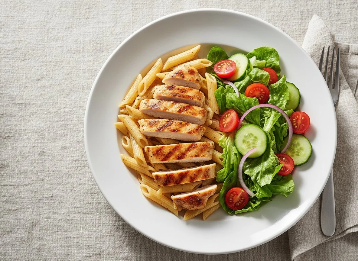 Курица с пастой и овощным салатом photo