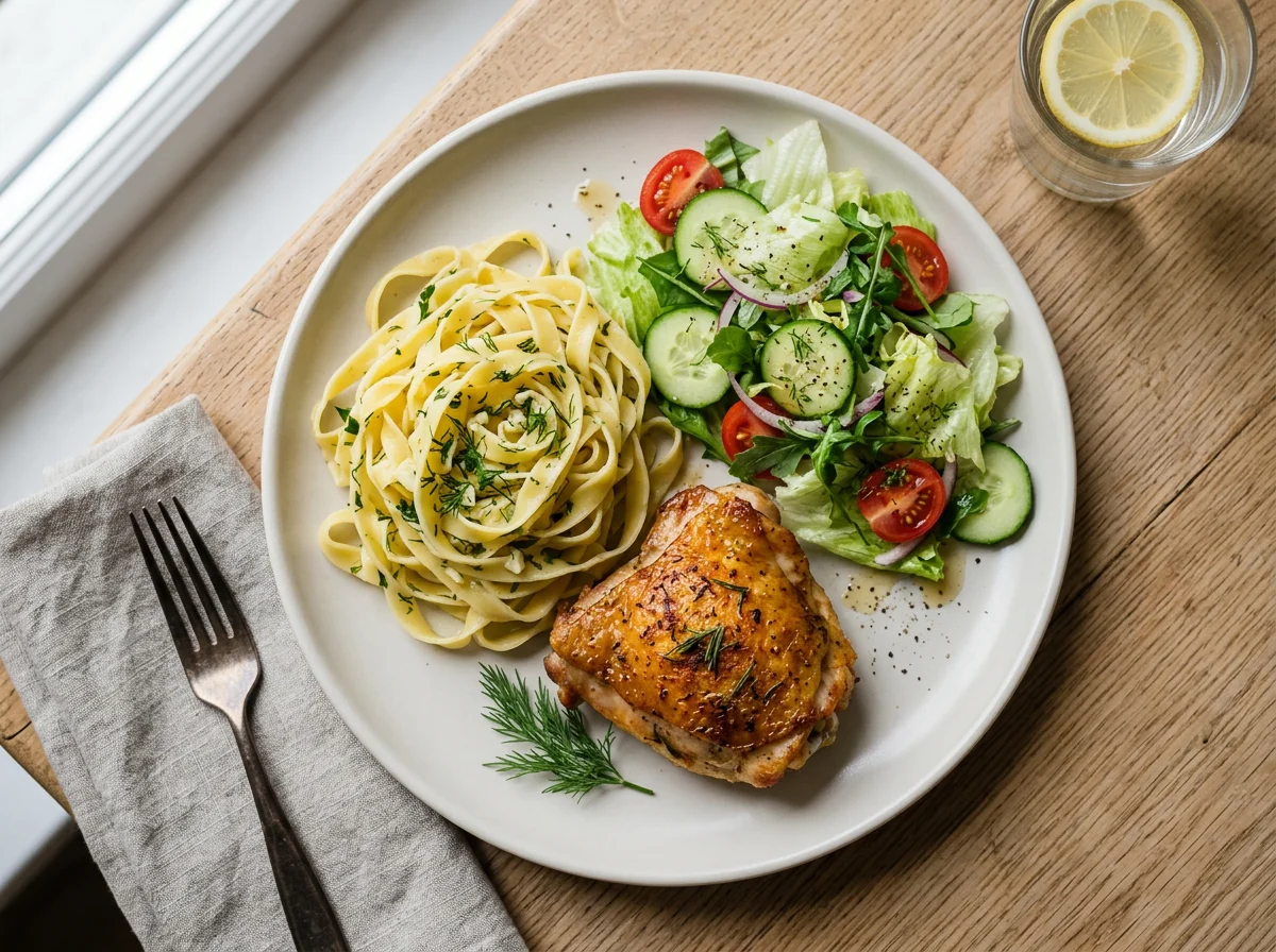 Курица с пастой и салатом photo