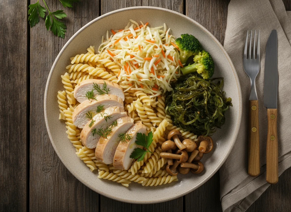 Курица с пастой и салатом из капусты и водорослей photo