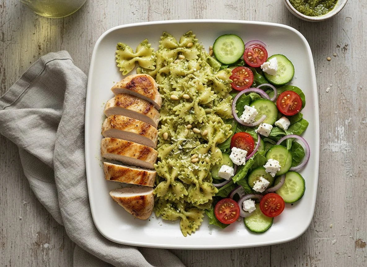 Курица с пастой песто и греческим салатом photo