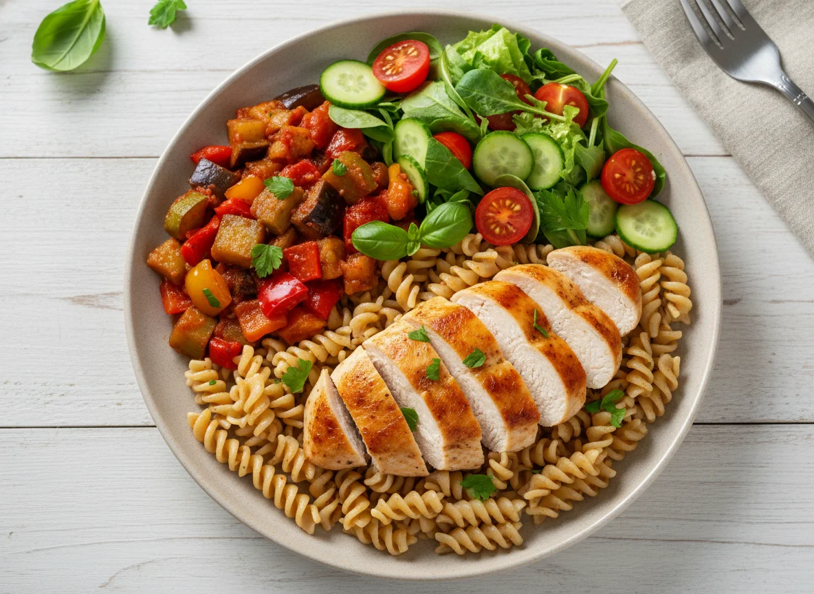 Курица с пастой, рататуем и салатом photo