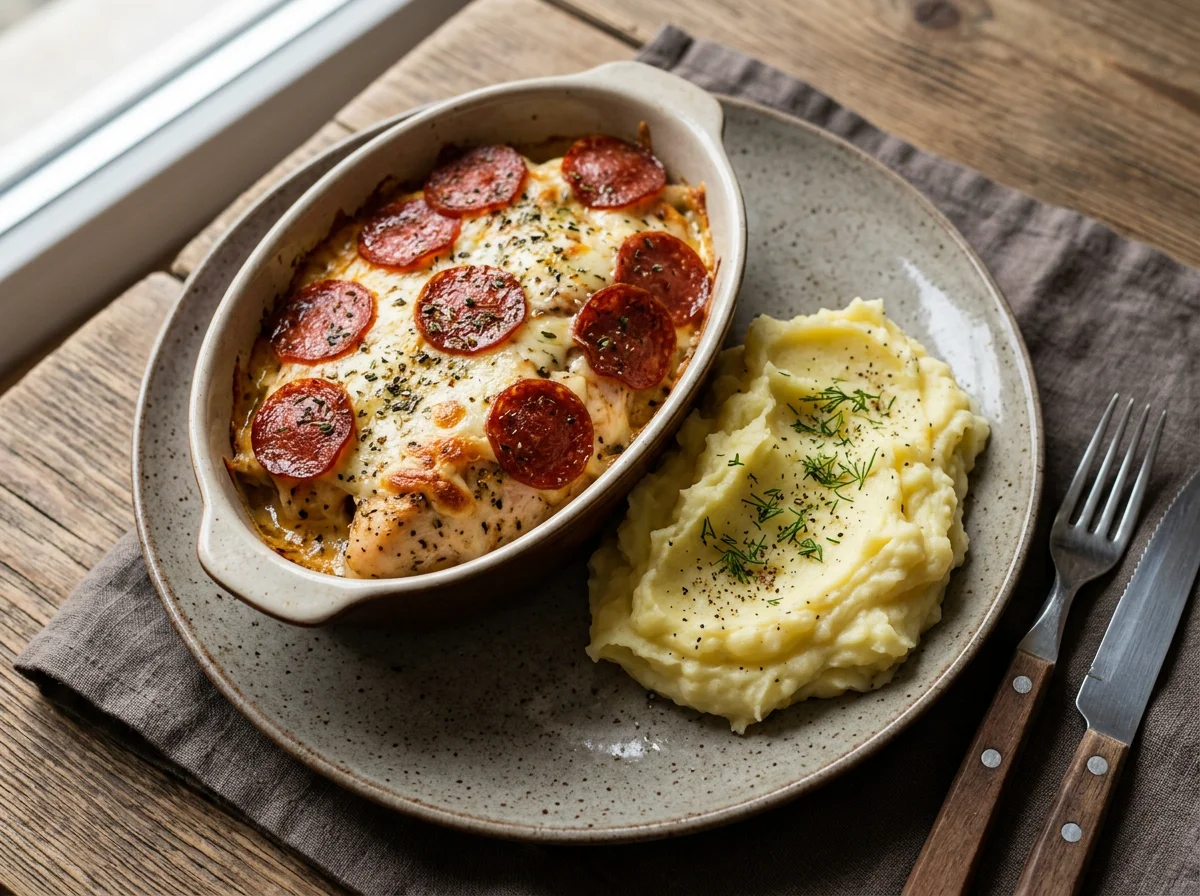 Курица с пепперони и картофельным пюре photo