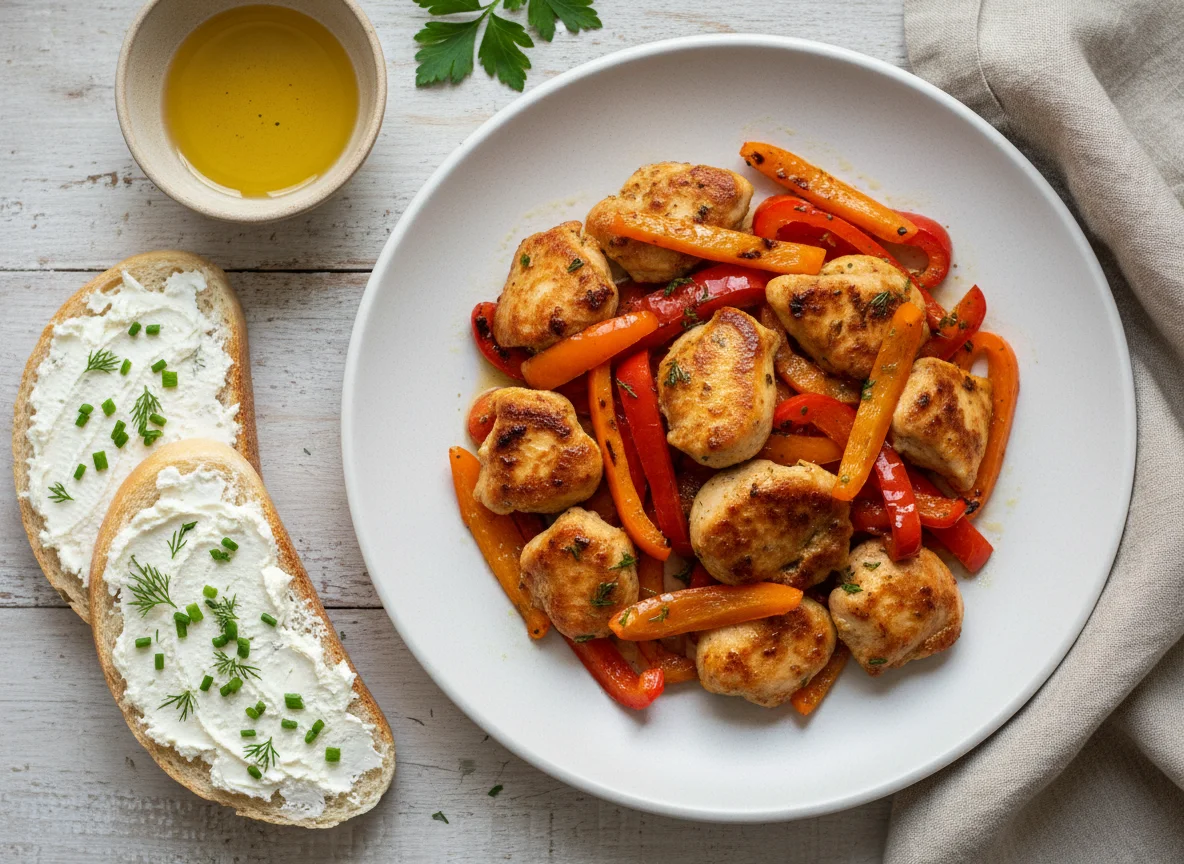 Курица с перцем и хлеб с творожным сыром photo