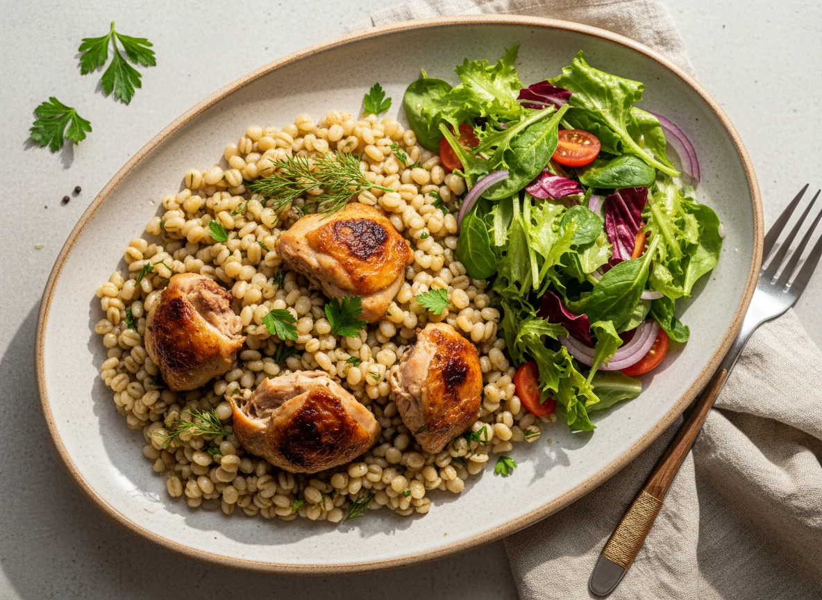 Курица с перловкой и салатом photo