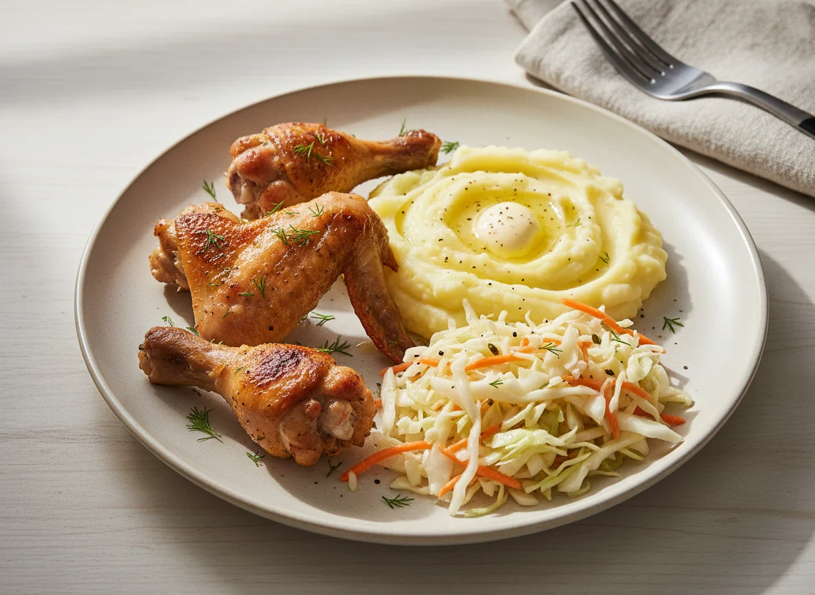 Курица с пюре и капустным салатом photo