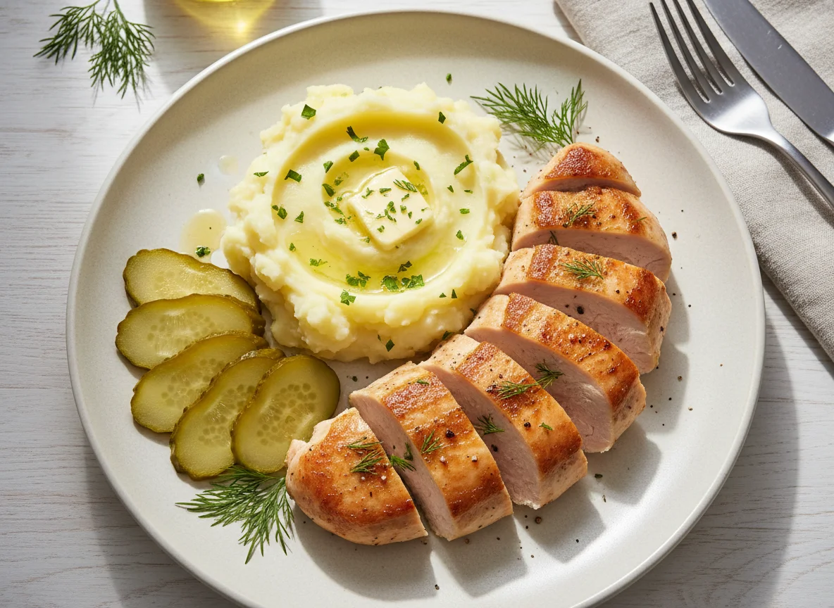 Курица с пюре и огурцами photo