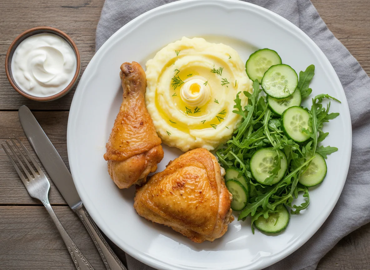 Курица с пюре и салатом photo