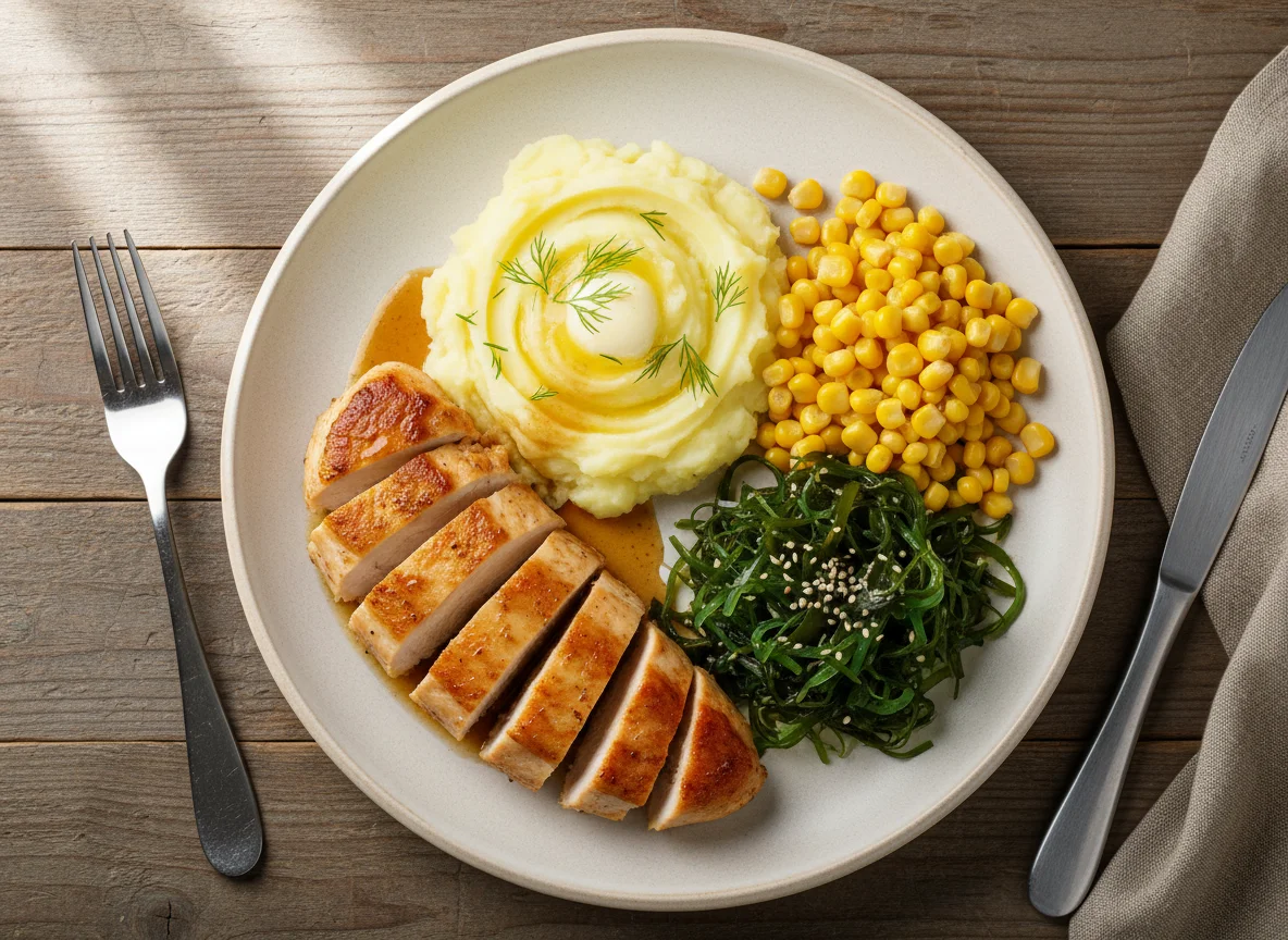 Курица с пюре, кукурузой и морской капустой photo