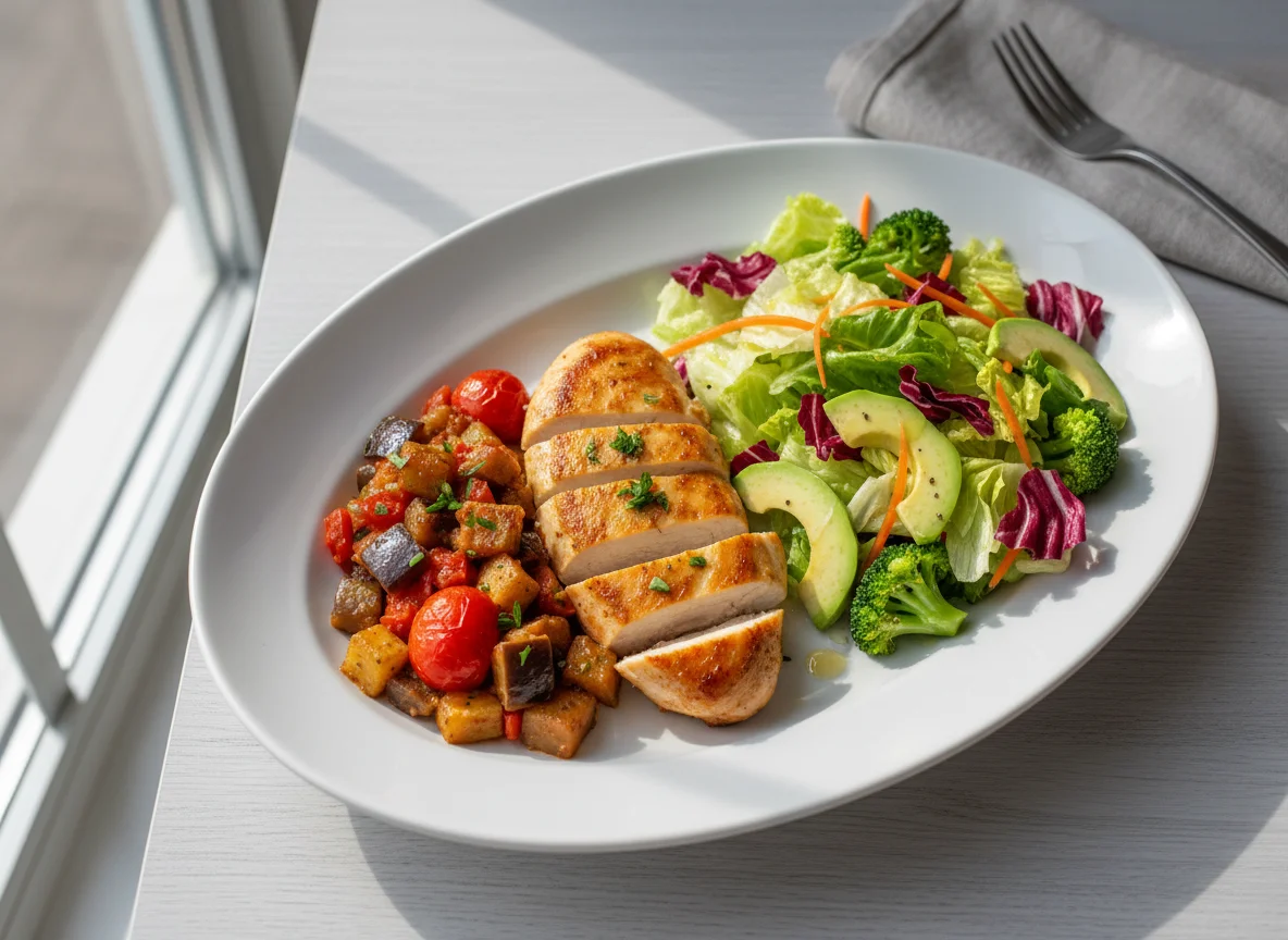 Курица с рататуем и зеленым салатом photo