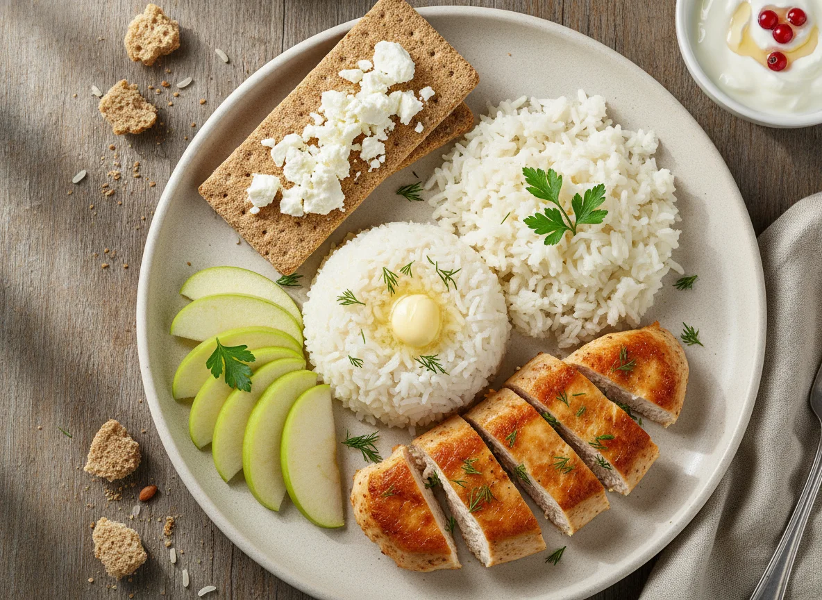 Курица с рисом, яблоком, хлебцами и йогуртом photo
