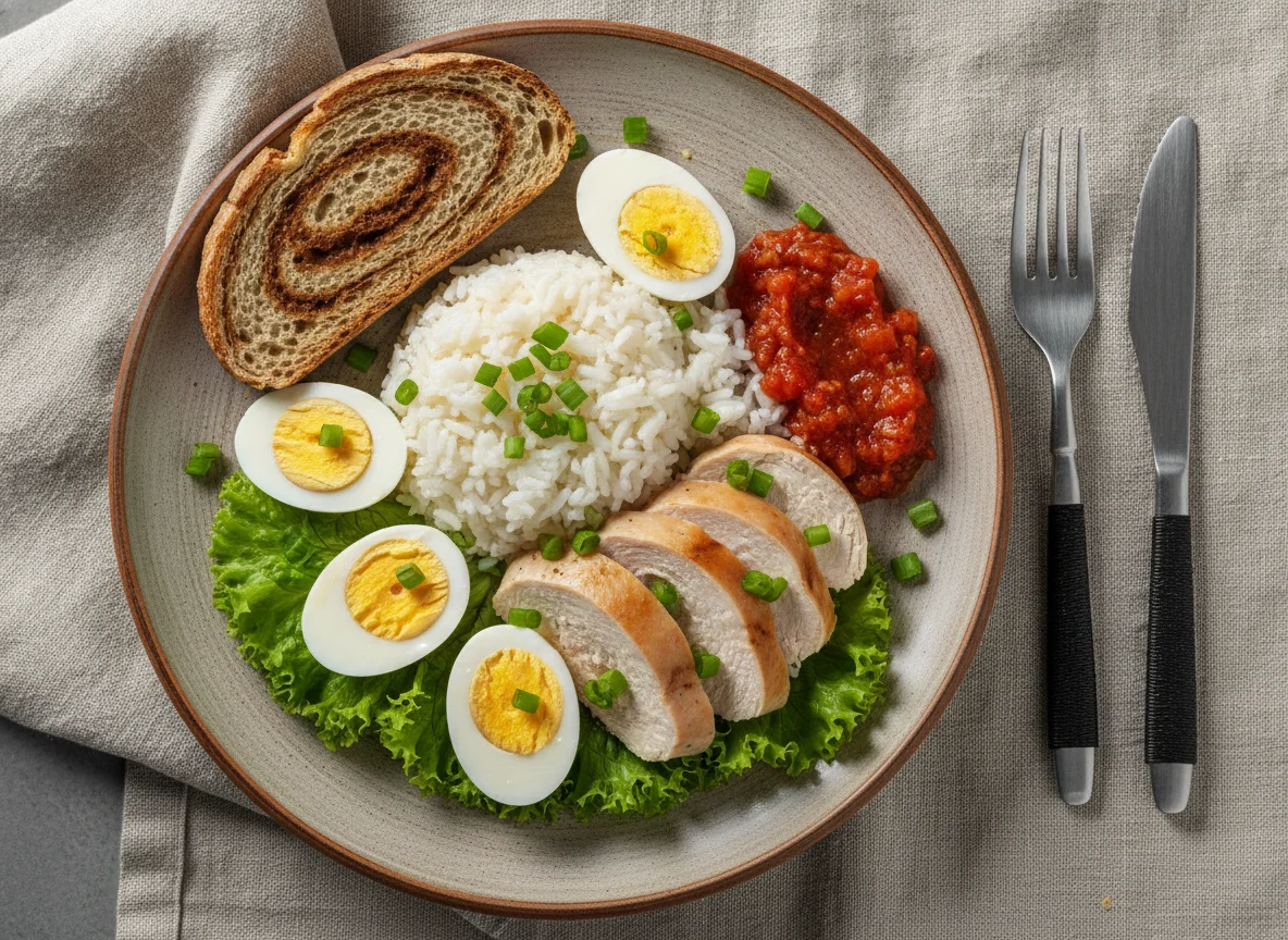 Курица с рисом, яйцами и овощами photo