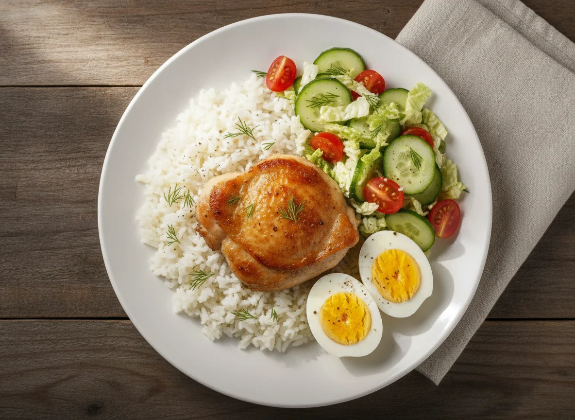 Курица с рисом, яйцами и овощным салатом photo