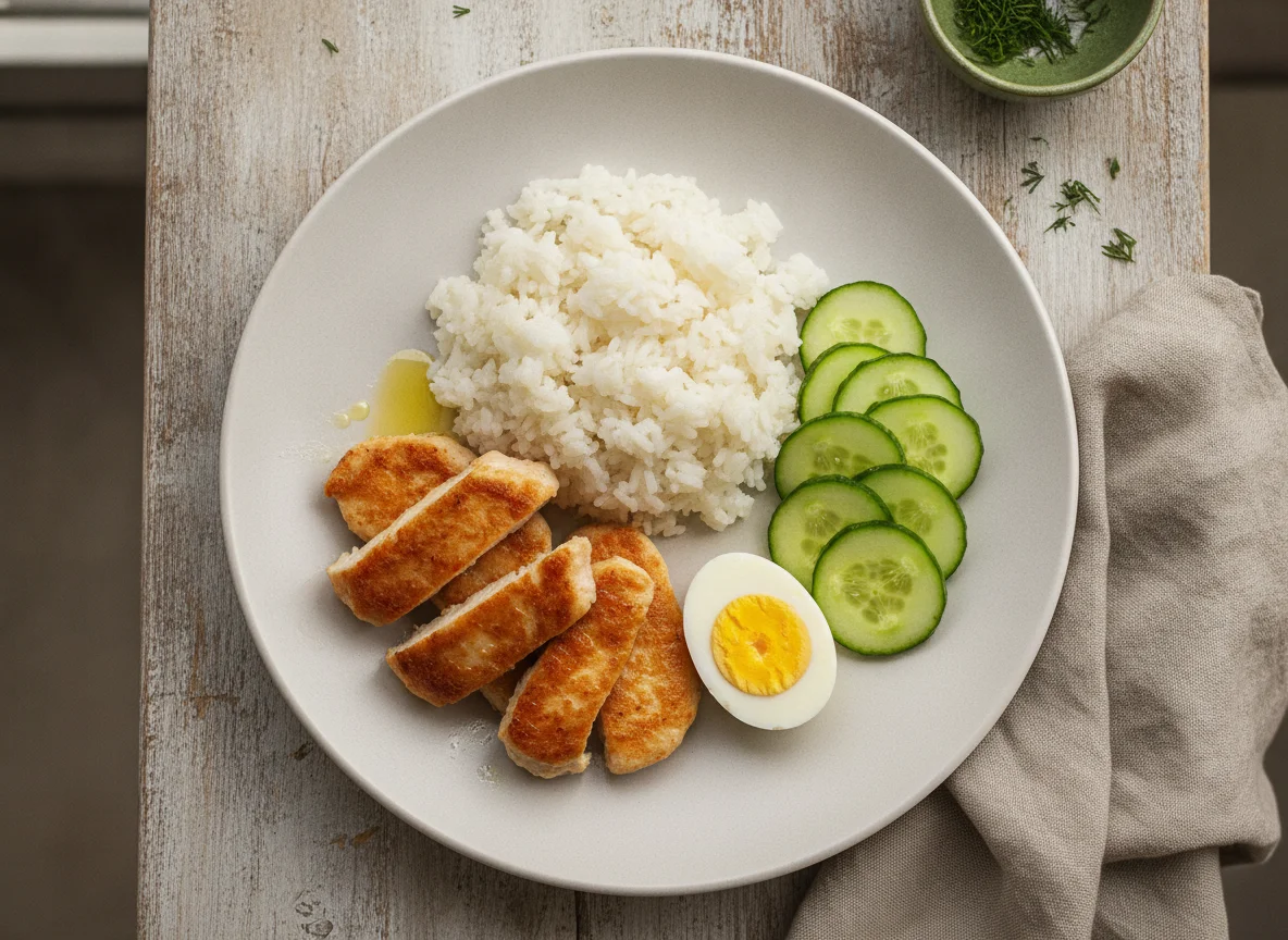 Курица с рисом, яйцом и огурцом photo
