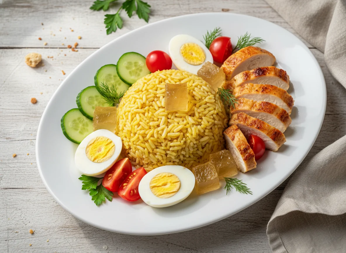 Курица с рисом, яйцом и овощами photo