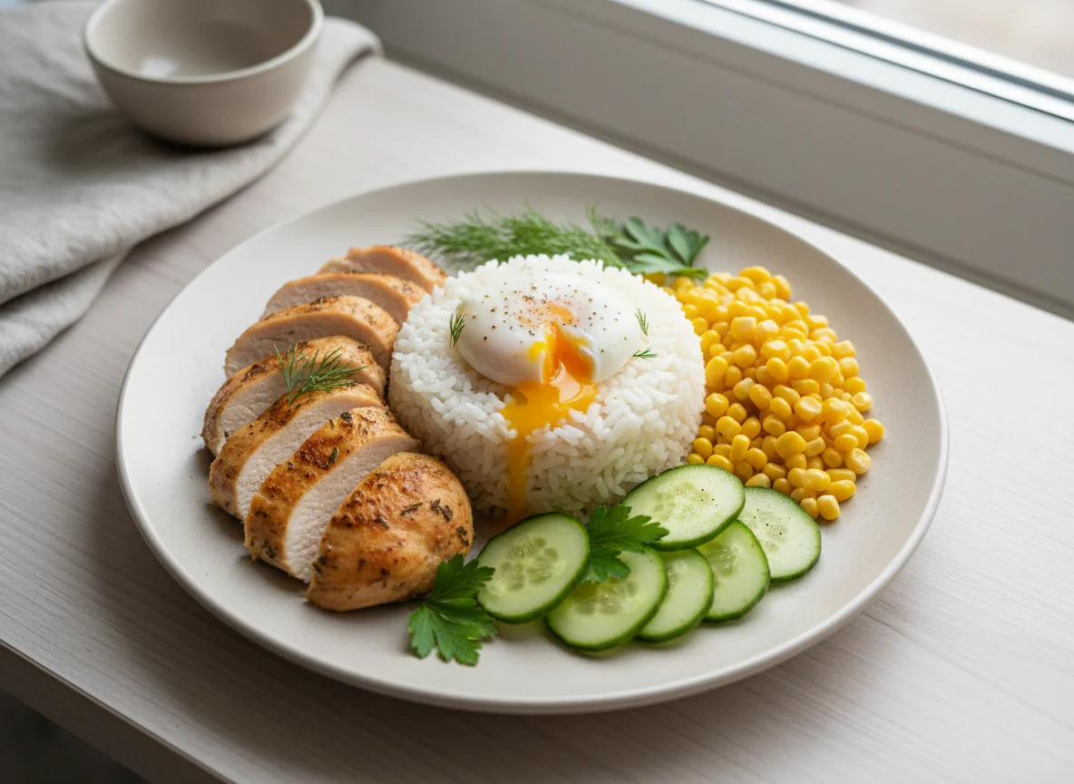 Курица с рисом, яйцом, кукурузой и огурцом photo