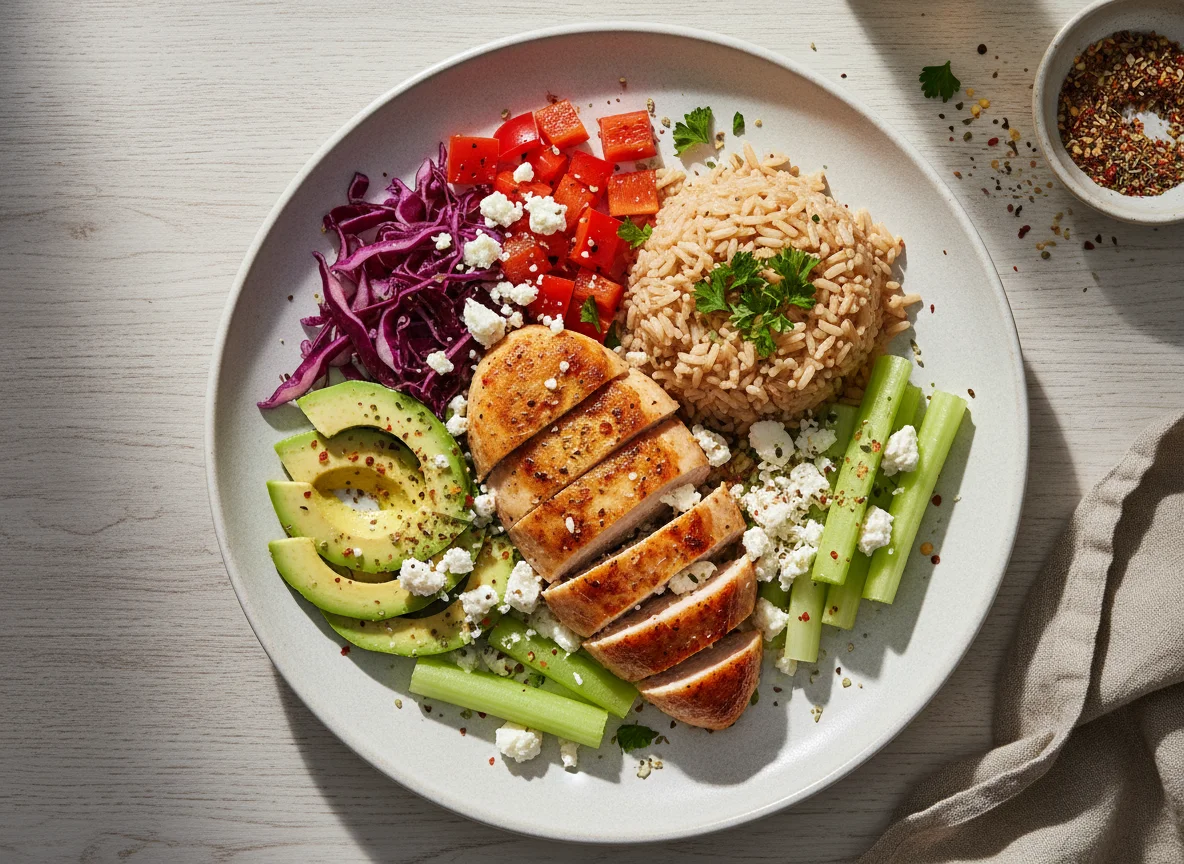 Курица с рисом, авокадо и овощами photo