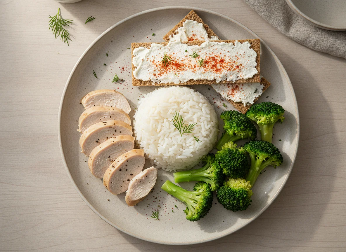 Курица с рисом, брокколи и хлебцами с паприкой photo