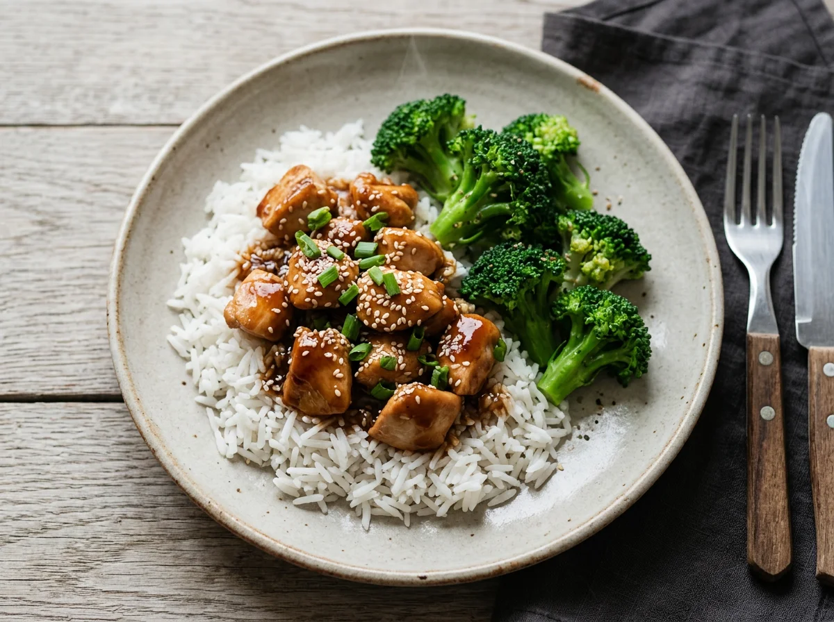 Курица с рисом, брокколи и соусом терияки photo