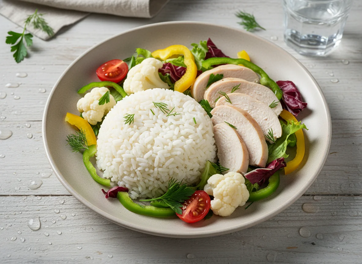 Курица с рисом, цветной капустой и овощами photo