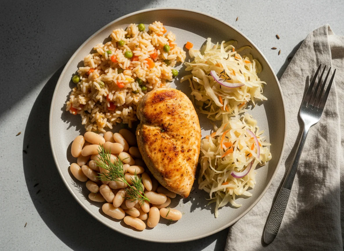 Курица с рисом, фасолью и квашеной капустой photo