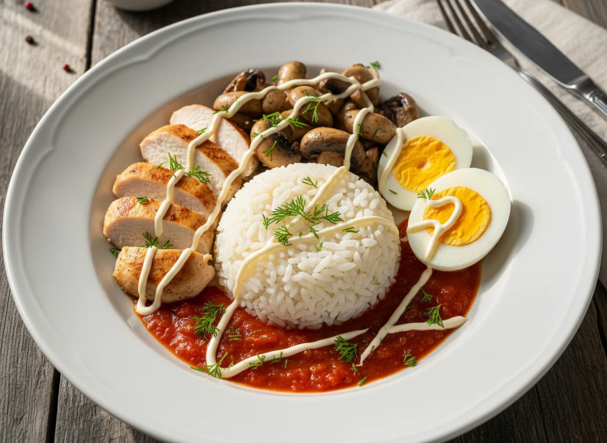 Курица с рисом, грибами и яйцами photo