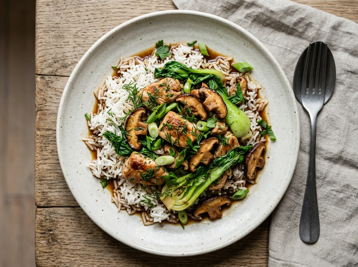 Курица с рисом, грибами и зеленью photo