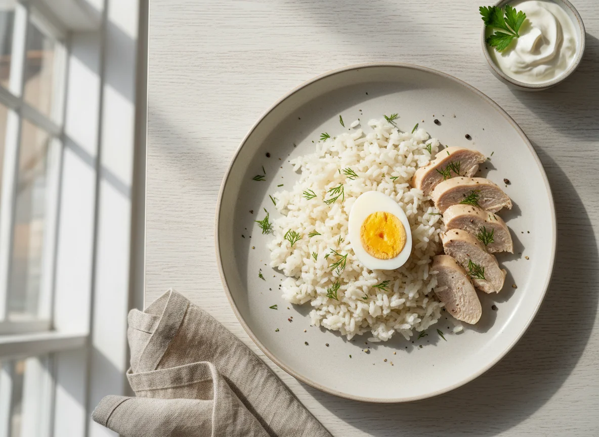 Курица с рисом и яйцом photo