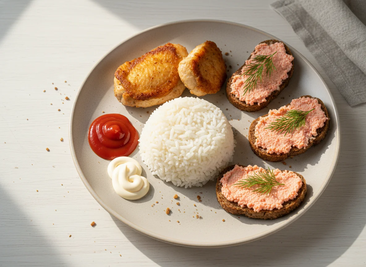 Курица с рисом и бутербродами с икрой photo