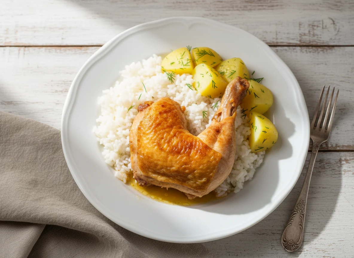 Курица с рисом и картофелем photo