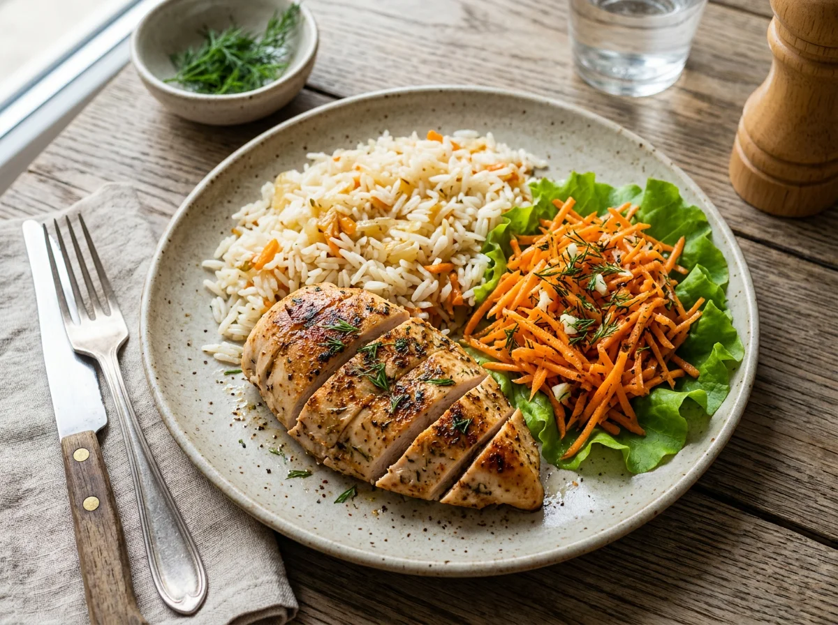 Курица с рисом и морковным салатом photo