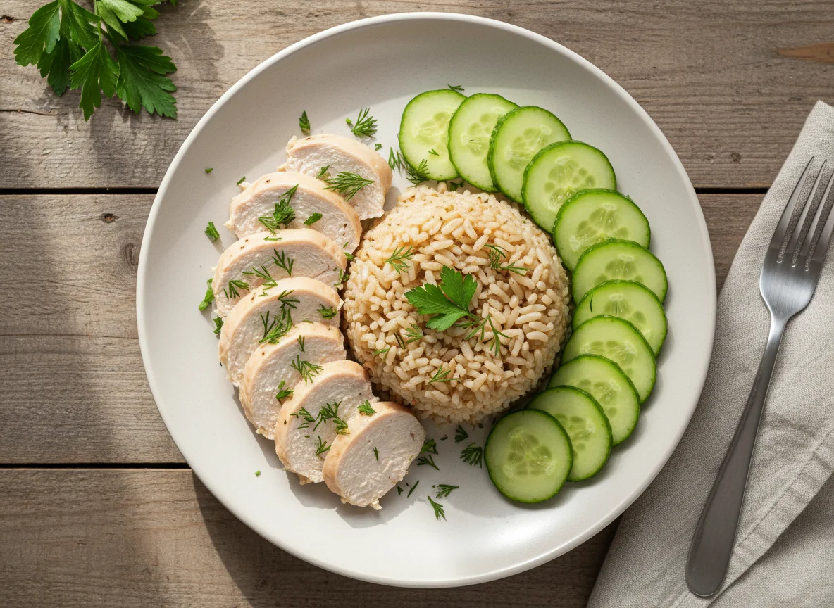 Курица с рисом и огурцами photo